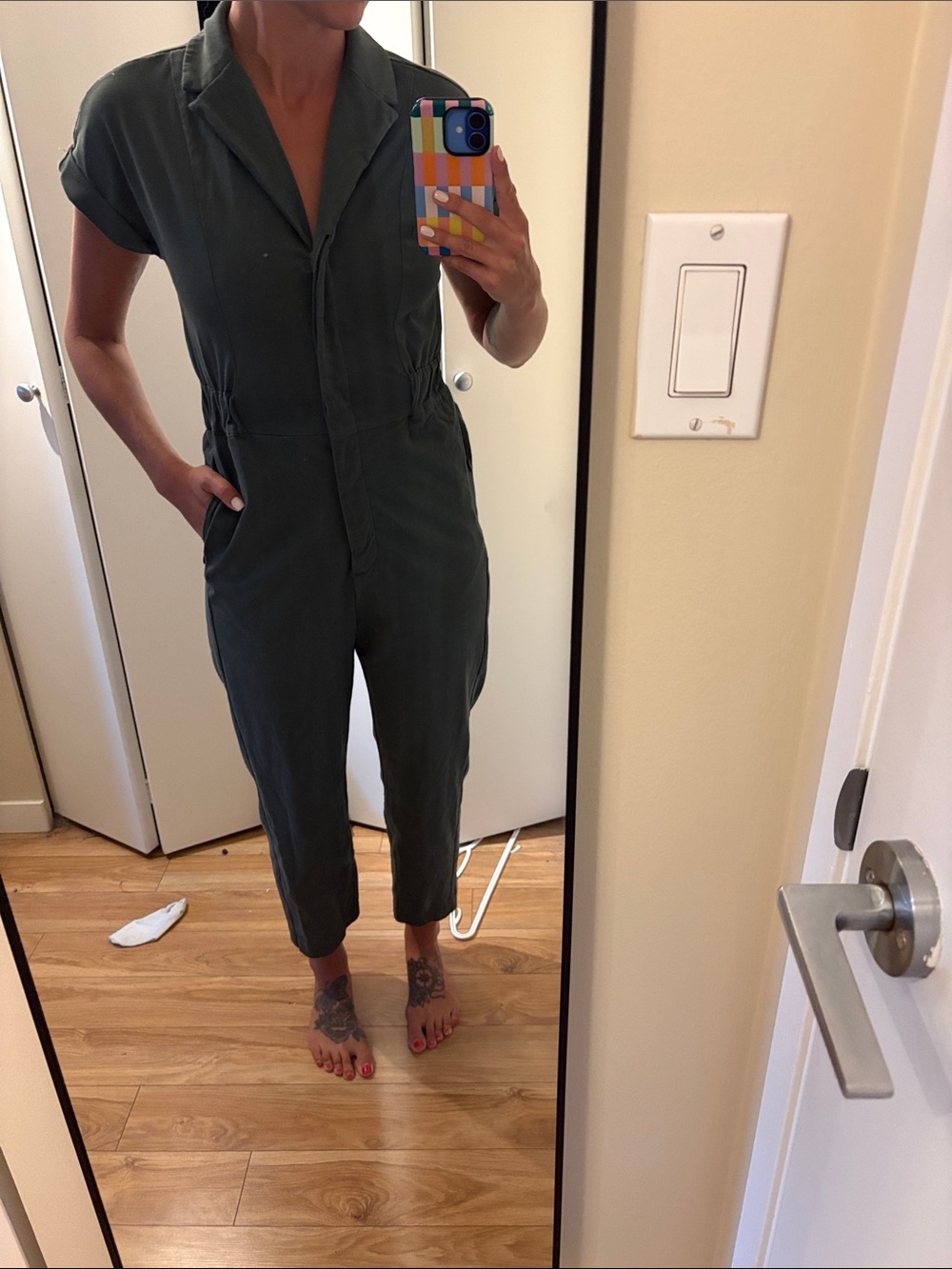 Frank & Oak Olive Green Short-Sleeve Utility Jumpsuit